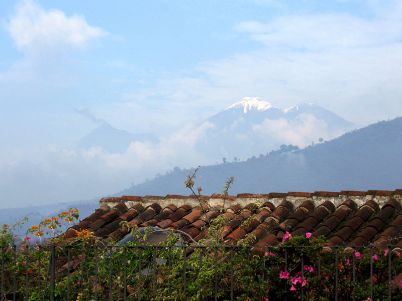 Snow on Volcano Acatenango, seen from our house.  Click to see a larger image.