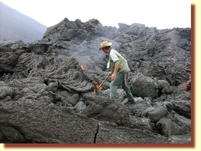 A tour guide, roasting marshmallows, has his whole stick go up in flames